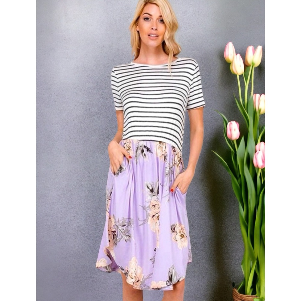 Lovely Lavender Floral & Striped Dress